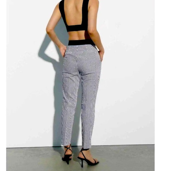 NWT ZARA Navy White Striped Trouser Pants Seersucker MidRise Stretch Women's M - Picture 1 of 14